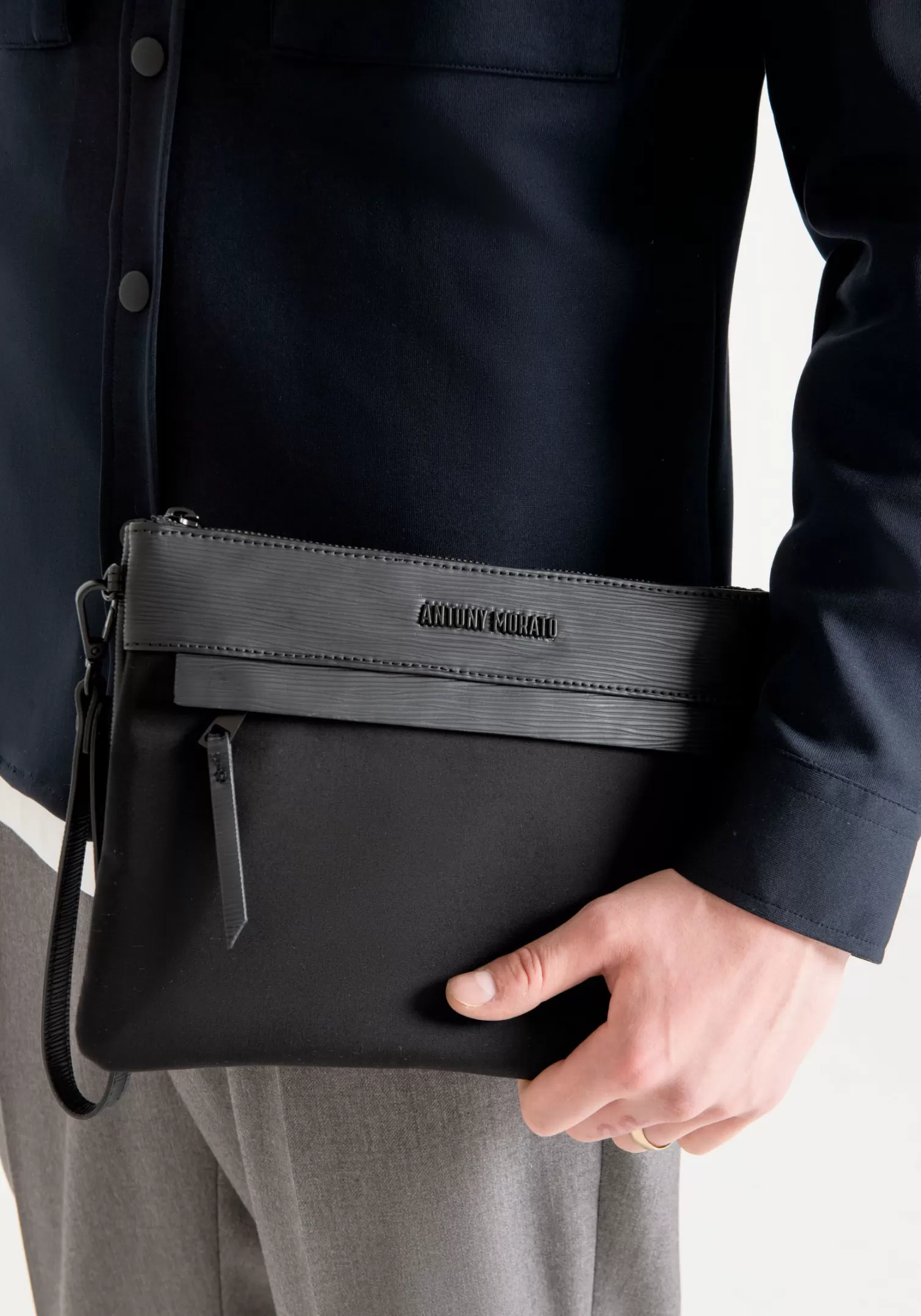 Borse E Marsupi>Antony Morato Pouch In Popeline E Tessuto Effetto Palmellato Nero