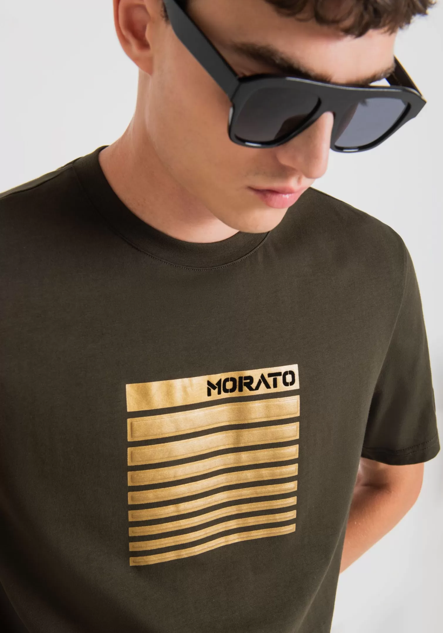 T-Shirts E Polo>Antony Morato T-Shirt Regular Fit In 100% Cotone Con Stampa Flock Verde Militare Scuro